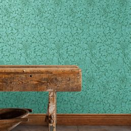 Bird & Anemone Wallpaper Olive/Turquoise