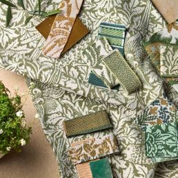 Bird & Anemone Weave Outdoor Fabric Apricot/Linen