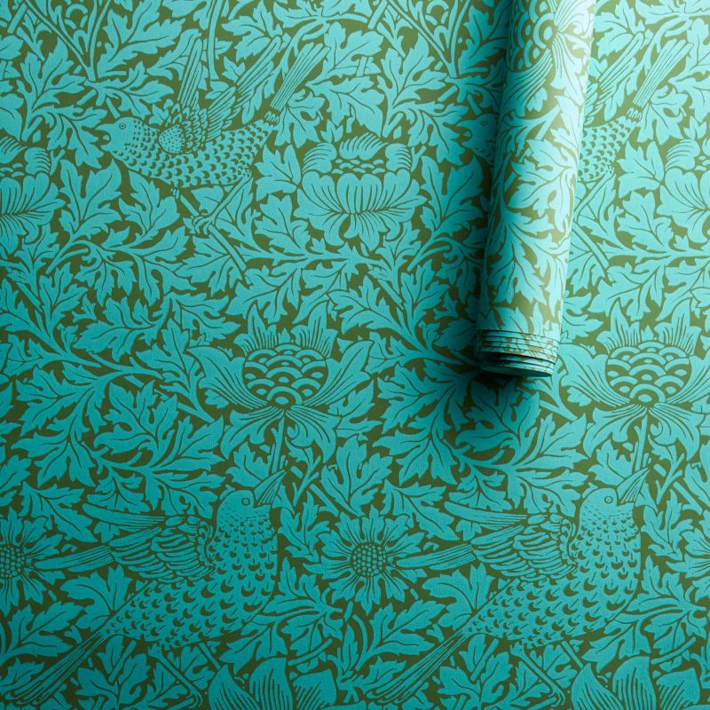 Bird & Anemone Wallpaper Olive/Turquoise