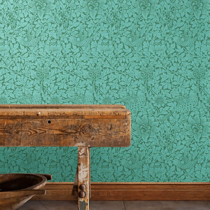Bird & Anemone Wallpaper Olive/Turquoise