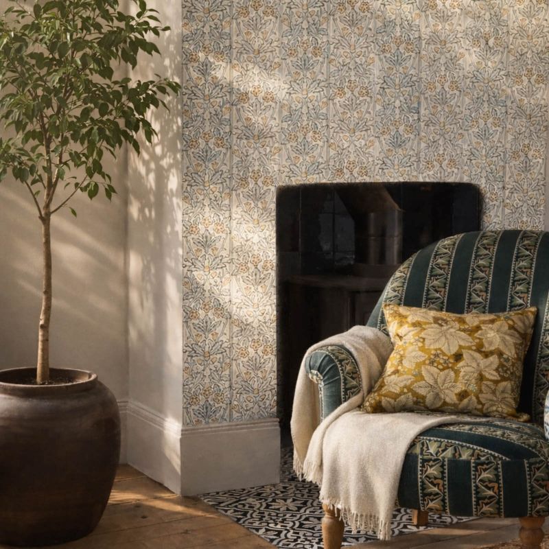 Oak & Blossom Wallpaper Mineral Blue/Linen