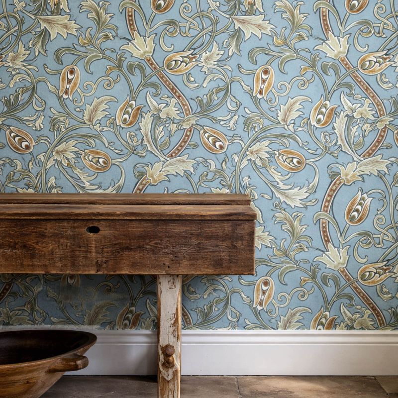 Scrolling Tulip Wallpaper Woad/Thyme