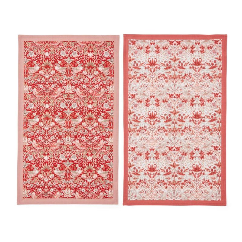 Strawberry Thief Set of 2 Tea Towels, Red Red