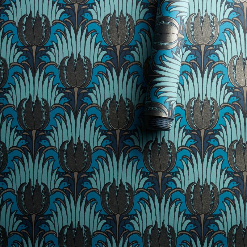Tulip & Bird Wallpaper Opal/Seafoam
