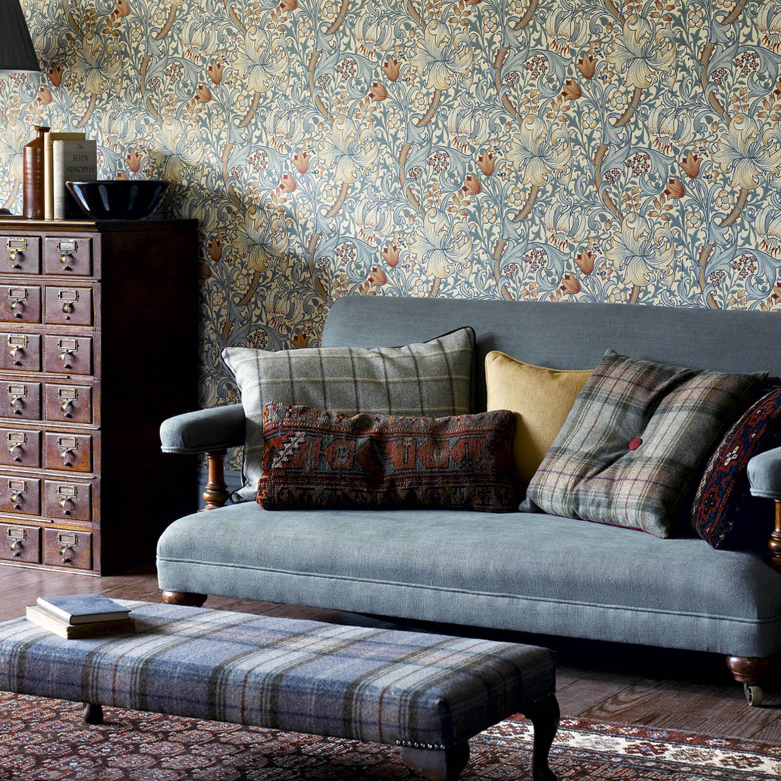 Golden Lily Wallpaper by Morris & Co in Pale Biscuit styled in a room