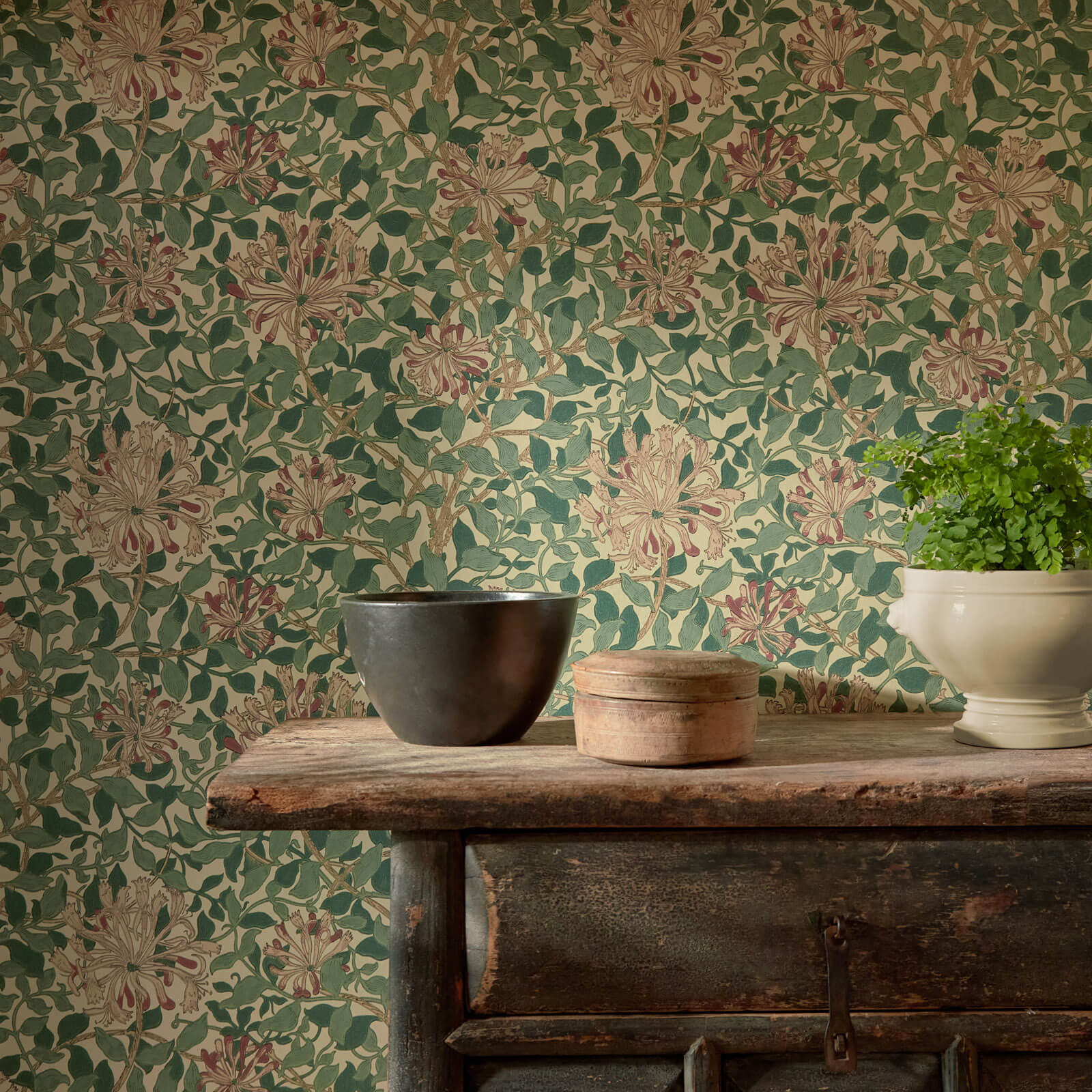 Honeysuckle Wallpaper by Morris & Co styled in a room