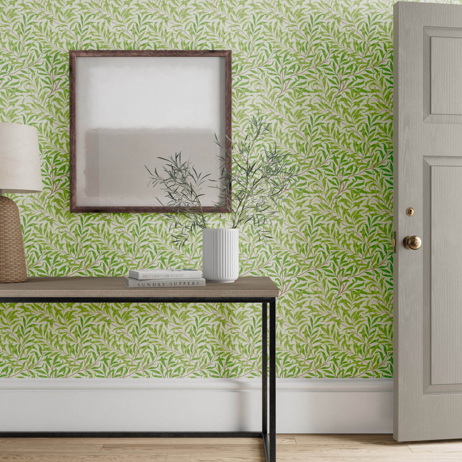 Willow Bough Wallpaper by Morris & Co in Green styled in a room